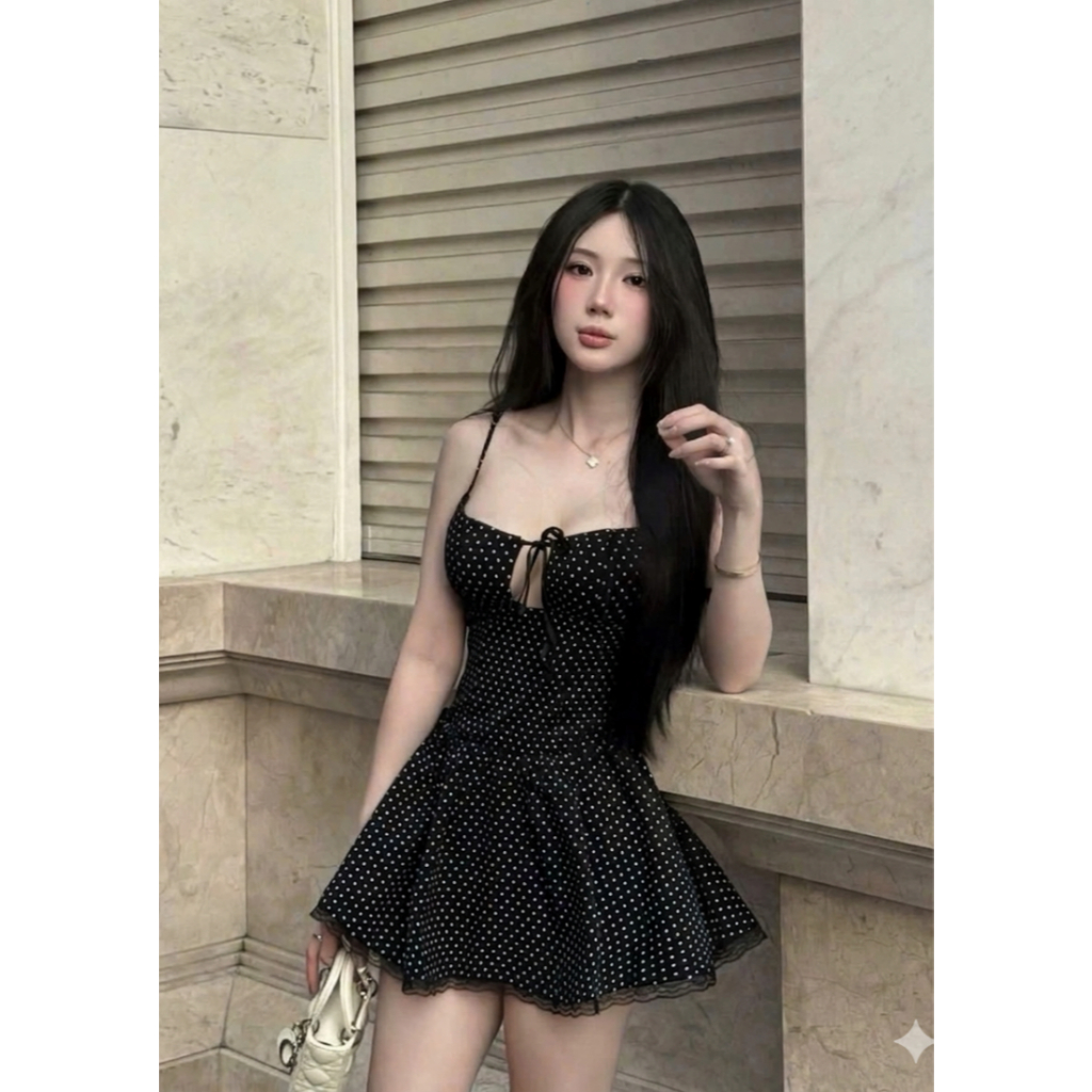 Váy chấm bi tôn dáng phối ren, váy hai dây xoè mặc mùa hè MUZA V30
