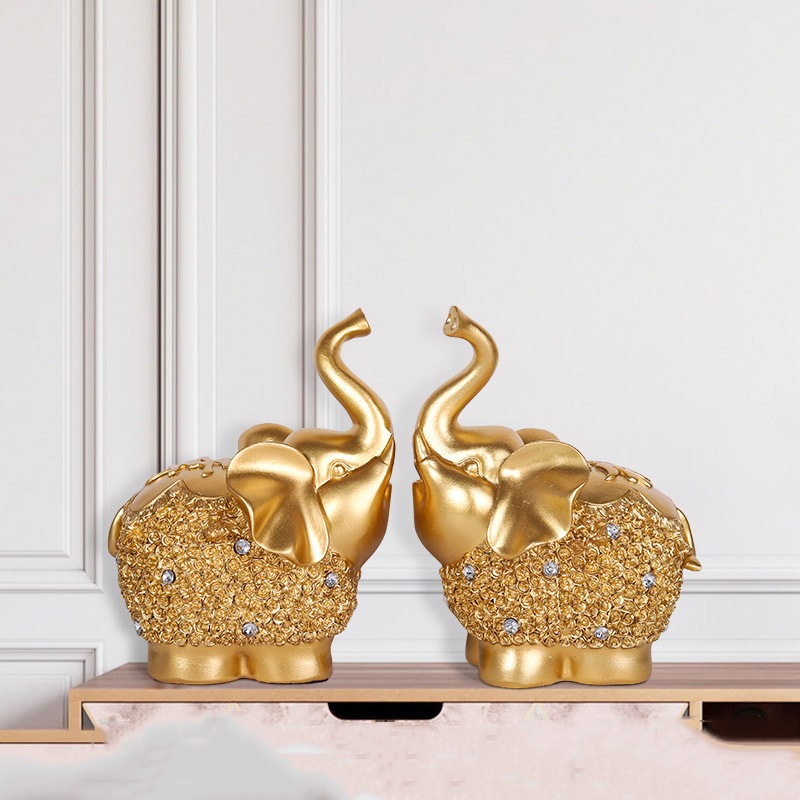 Tượng đôi voi đính đá vàng decor nhà cửa