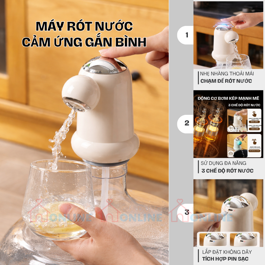 Máy rót nước tự động gắn chai bình, 3 chế độ rót cảm ứng, dùng pin sạc