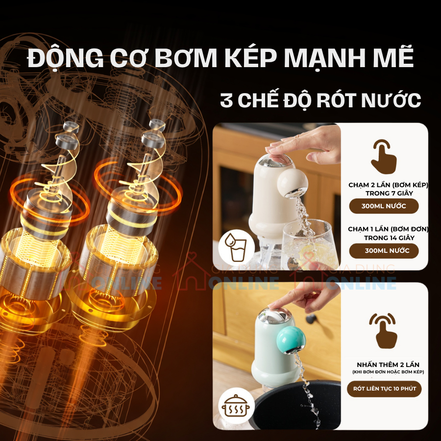 Máy rót nước tự động gắn chai bình, 3 chế độ rót cảm ứng, dùng pin sạc