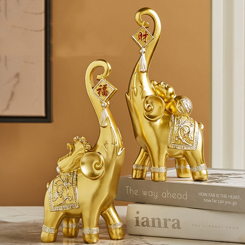 Tượng đôi voi tài lộc xanh vàng decor nhà cửa