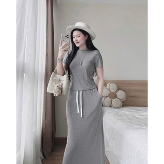 Set váy thời trang trẻ trung chất borip dày áo cổ tròn tay ngắn chân váy xẻ dáng váy maxi phù hợp đi dạo