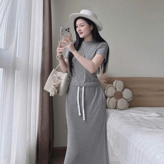 Set váy thời trang trẻ trung chất borip dày áo cổ tròn tay ngắn chân váy xẻ dáng váy maxi phù hợp đi dạo