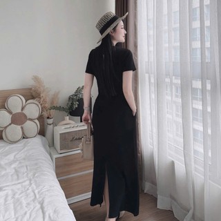 Set váy thời trang trẻ trung chất borip dày áo cổ tròn tay ngắn chân váy xẻ dáng váy maxi phù hợp đi dạo