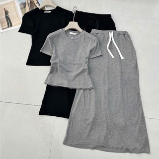 Set váy thời trang trẻ trung chất borip dày áo cổ tròn tay ngắn chân váy xẻ dáng váy maxi phù hợp đi dạo