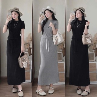 Set váy thời trang trẻ trung chất borip dày áo cổ tròn tay ngắn chân váy xẻ dáng váy maxi phù hợp đi dạo