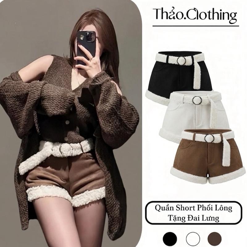 Quần Short Chất Da Lộn Phối Lông Xù Kèm Belt Lông ( Belt Lông Trang Trí )