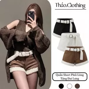 Quần Short Chất Da Lộn Phối Lông Xù Kèm Belt Lông ( Belt Lông Trang Trí )
