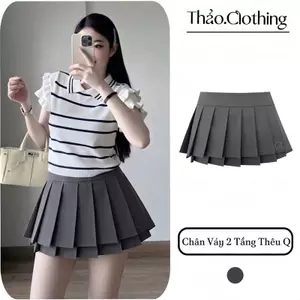 CHÂN VÁY XẾP LY 2 TẦNG THÊU CHỮ Q Có Quần Bảo Hộ S106