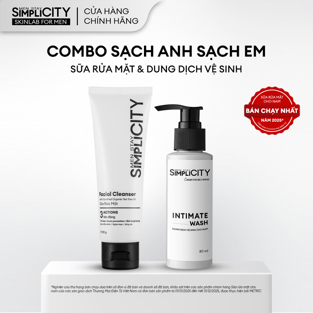 Combo Sạch anh sạch em Men Stay Simplicity: Sữa rửa mặt 3 tác động 100g & Dung dịch vệ sinh nam làm sạch ngăn mùi 80ml