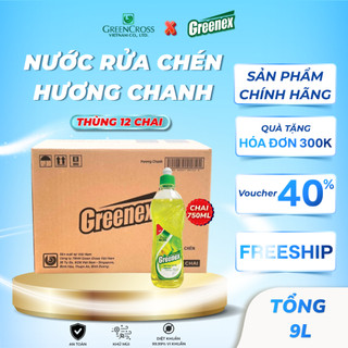 Thùng 12 Chai Nước Rửa Chén Greenex 750g - Thiên Nhiên Hương Chanh, Đánh Bay Dầu Mỡ, Tiết Kiệm