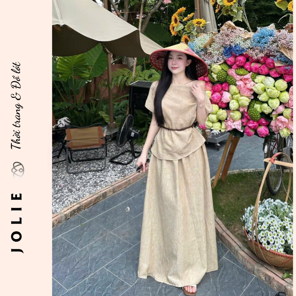 Set Bộ Đũi Linen JOLIE Cao Cấp – Áo Kiểu Phối Chân Váy Dài Vintage Thanh Lịch