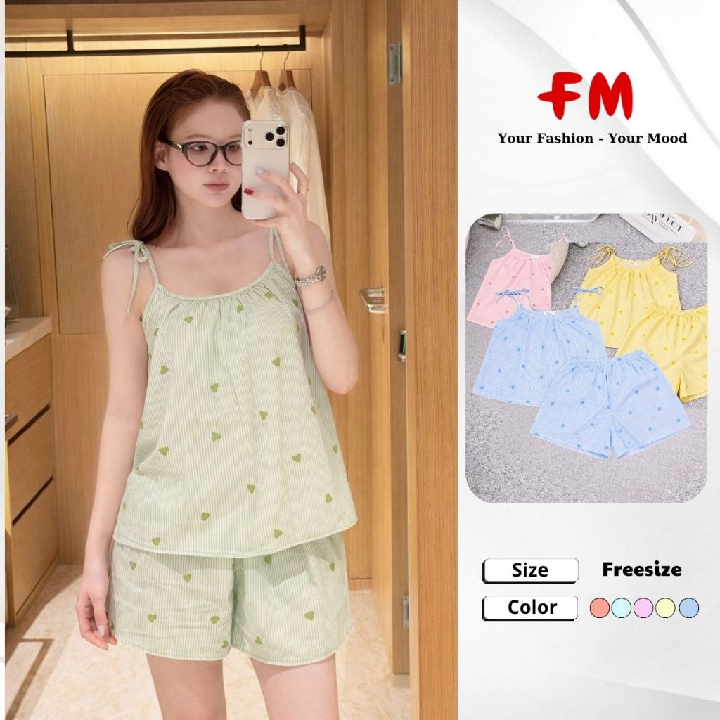 Đồ Bộ Ngủ 2 Dây Nữ FMSTYLE - Quần Đùi + Áo 2 Dây Họa Tiết Tim Dễ Thương 26040001