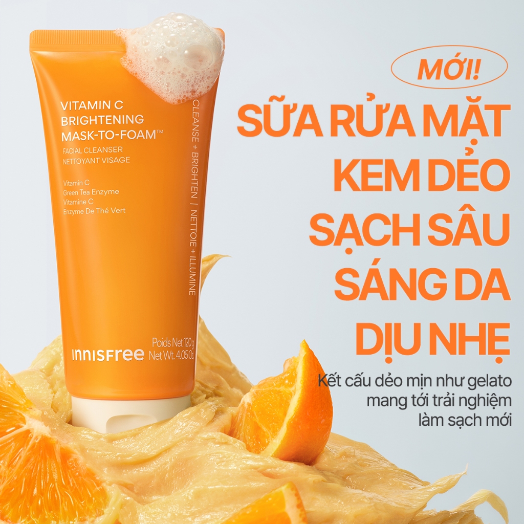 INNISFREE x Sữa rửa mặt kem dẻo sạch sâu sáng da dịu nhẹ INNISFREE Vitamin C Brightening Mask-To-Foam Facial Cleanser