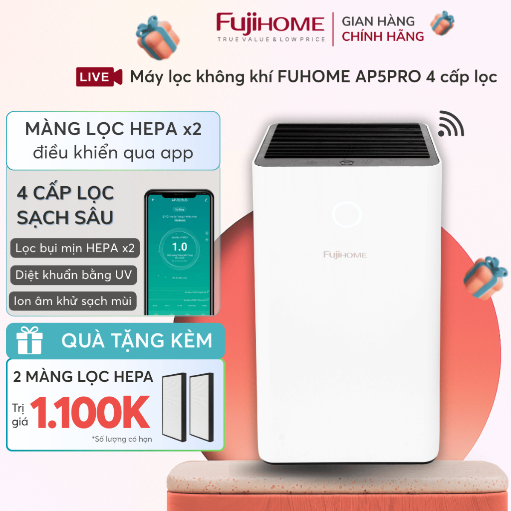 Máy lọc không khí diệt khuẩn UV ion âm FUJIHOME AP5Pro, máy lọc bụi mịn thông minh điều khiển App