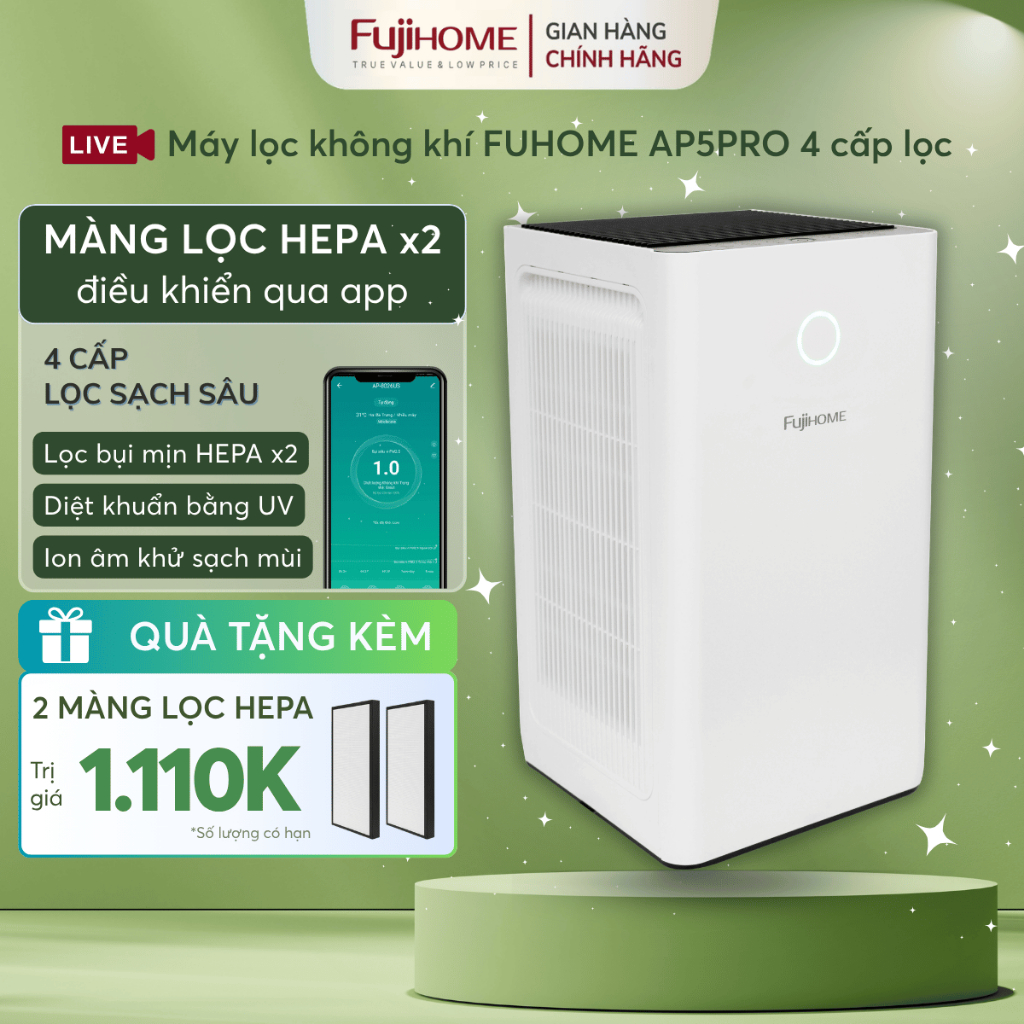 Máy lọc không khí gia đình cảm biến bụi mịn FUJIHOME AP5Pro, máy khử mùi phòng 48m2 diệt khuẩn UV