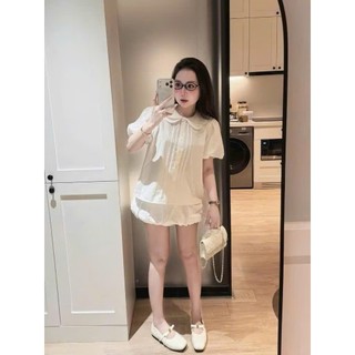 Set Bộ Nữ Áo Sơ Mi Cộc Tay Cổ Sen Hari Tầng Viền Bèo Mix Chân Váy Bí Tiểu Thư Dễ Thương Tôn Dáng 125