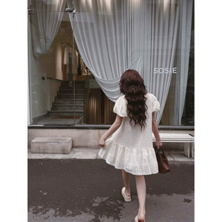 Váy Đầm Babydoll Tay Bồng Dáng Bầu KhanhLe, Váy Cộc Tay Dáng Ngắn Ren Thô Boi