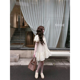 Váy Đầm Babydoll Tay Bồng Dáng Bầu KhanhLe, Váy Cộc Tay Dáng Ngắn Ren Thô Boi