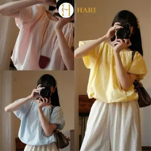 Áo Sơ Mi Nữ Cổ Tròn Tay Phồng Hari Dáng Bí Bubble Top Dễ Thương Tôn Dáng Form Rộng Phong Cách Hàn Quốc 1675 P4