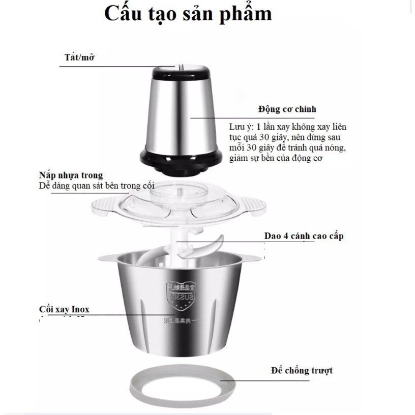 Máy xay thịt xay thực phẩm đa năng cối inox dung tích 2L dao 4 lưỡi công suất 250W cực khoẻ