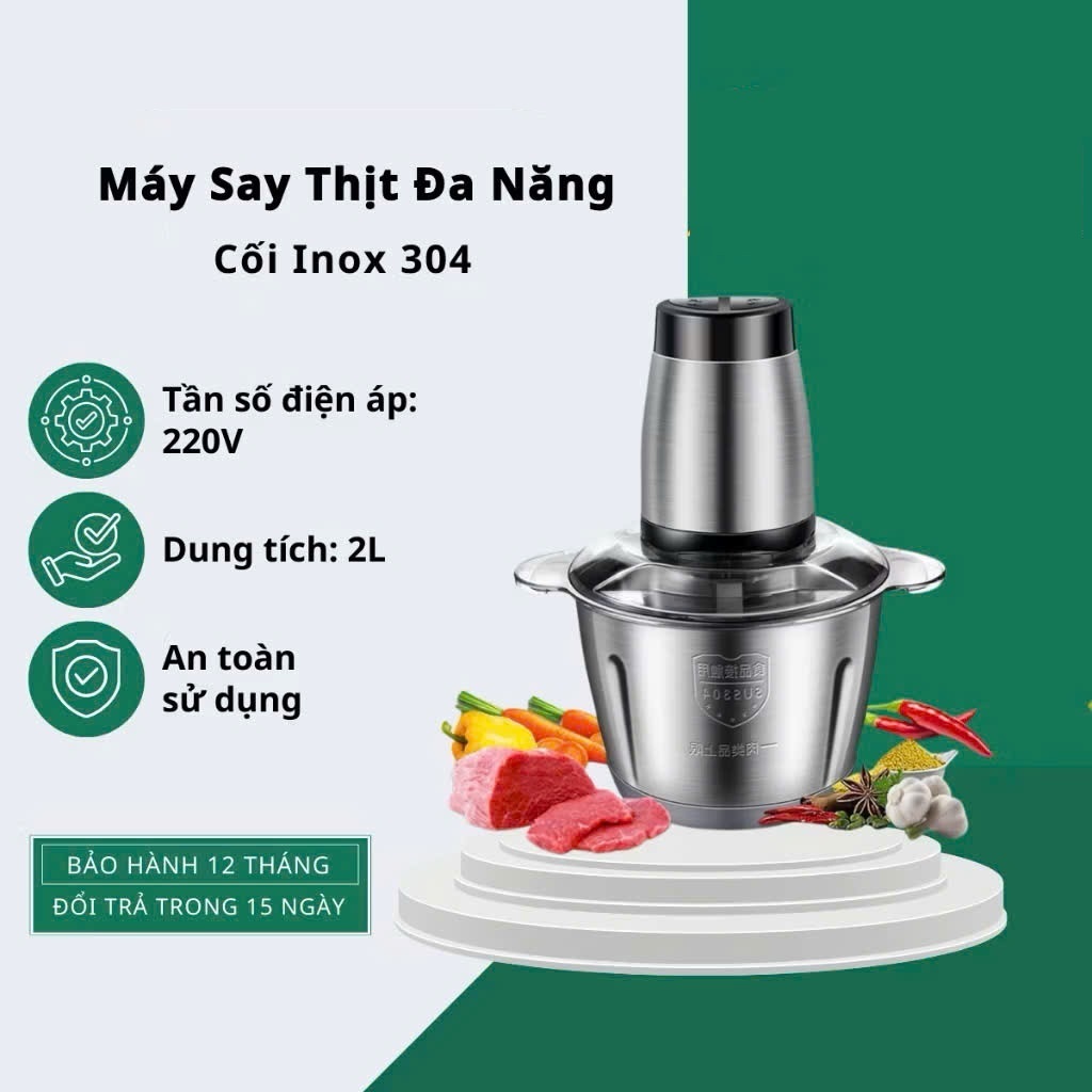 Máy xay thịt xay thực phẩm đa năng cối inox dung tích 2L dao 4 lưỡi công suất 250W cực khoẻ