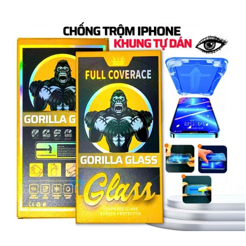 Kính cường lực kingkong có khung tự dán chống nhìn trộm chống vân tay tặng kèm giấy lau màn hình từ 7Plus đến 16Promax