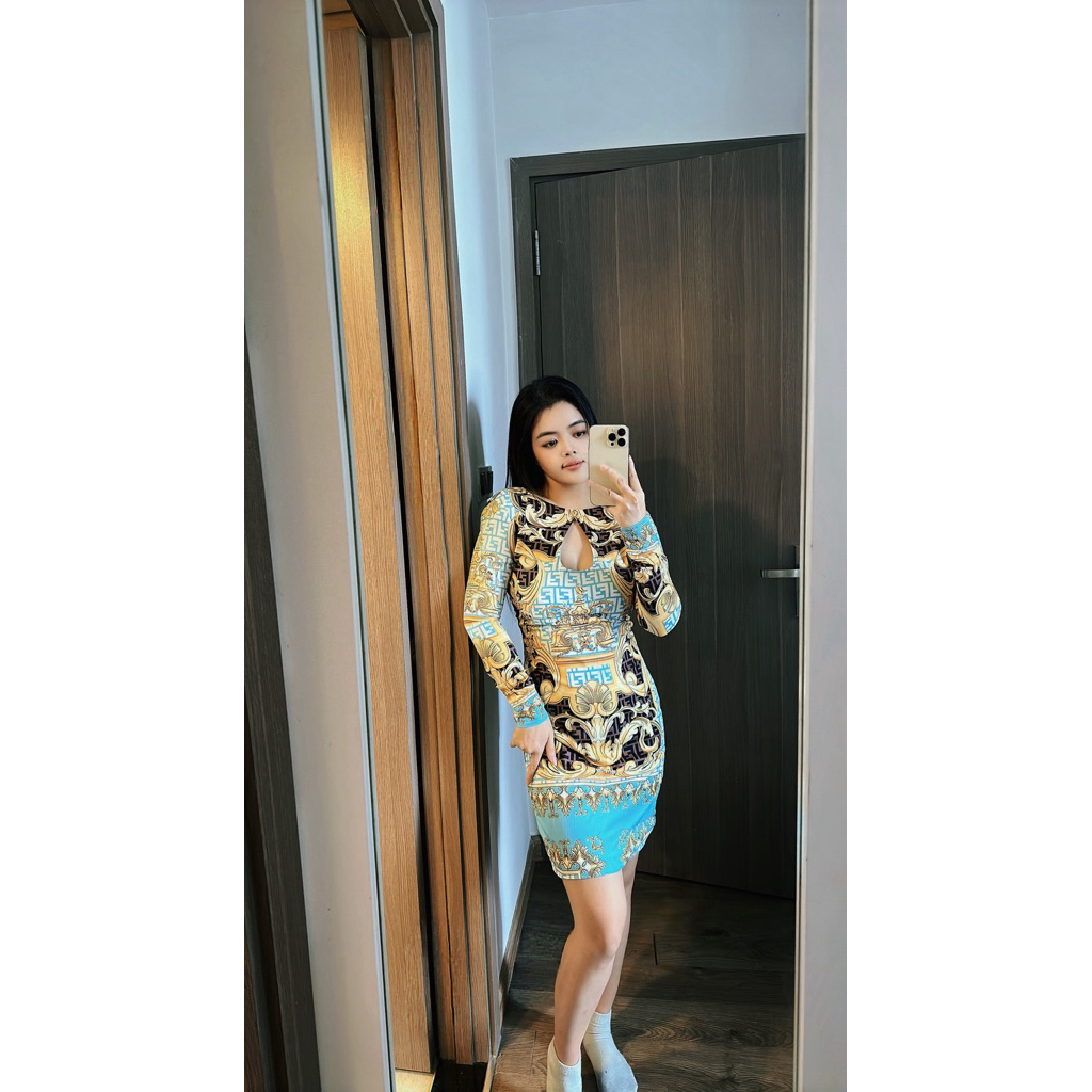 set áo váy hoạ tiết Versace chất thun lạnh co dãn