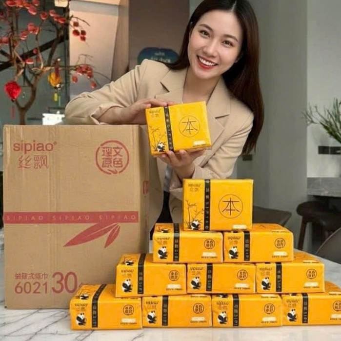 Thùng 30 gói giấy ăn gấu trúc SIPIAO nội địa trung giấy 3 lớp siêu dai không chất tẩy trắng