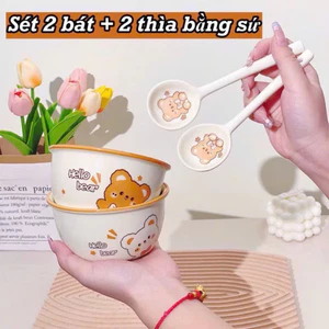 🐻 BỘ 2 BÁT + 2 THÌA SỨ "HELLO BEAR" CAO CẤP – PHONG CÁCH HÀN QUỐC DỄ THƯƠNG