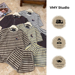 VMY Studio - Set bộ quần áo kẻ mềm mịn thêu ngựa không nóng co dãn thoải mái hàng QCCC nữ