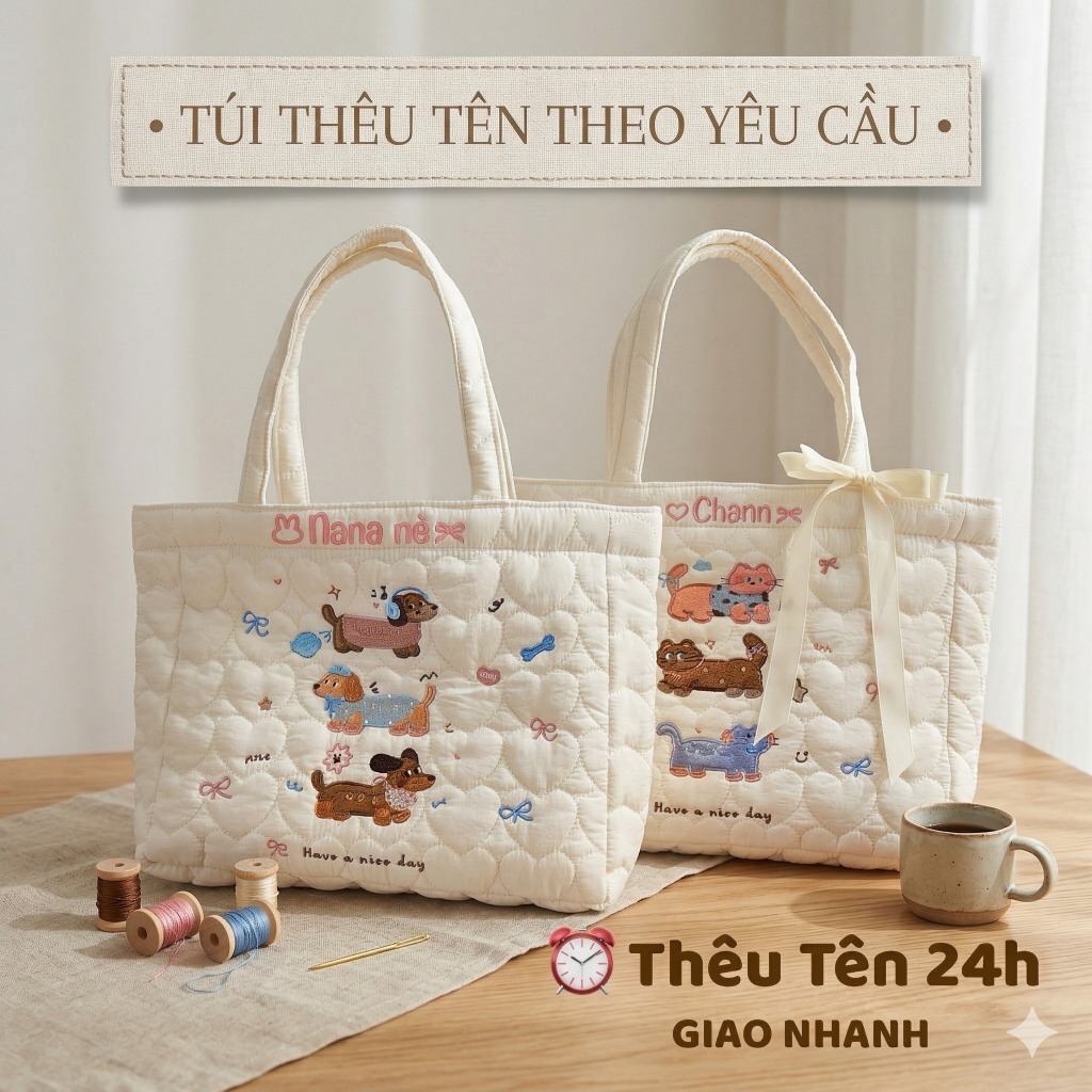 HOẢ TỐC- Túi Thêu Tên Trần Bông Hình Cún, Mèo ,Túi Thêu Vừa Laptop 14inch,Túi Trần Bông Thêu Tên