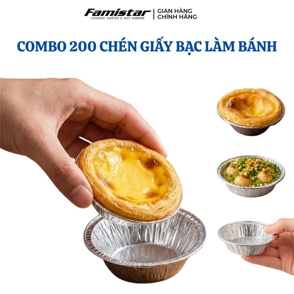 Combo 200 chén khay giấy bạc nướng FAMISTAR, khuôn làm bánh tart giấy bạc nướng GB