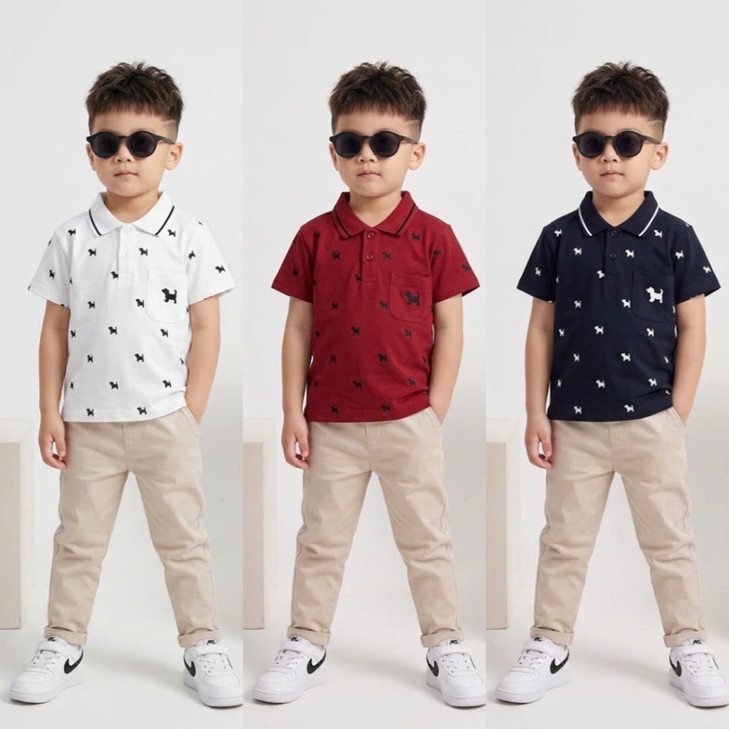 Áo Polo Cho Bé Trai In Hình Chó Chất Liệu Cá Sấu Dành Cho Bé 9-42kg