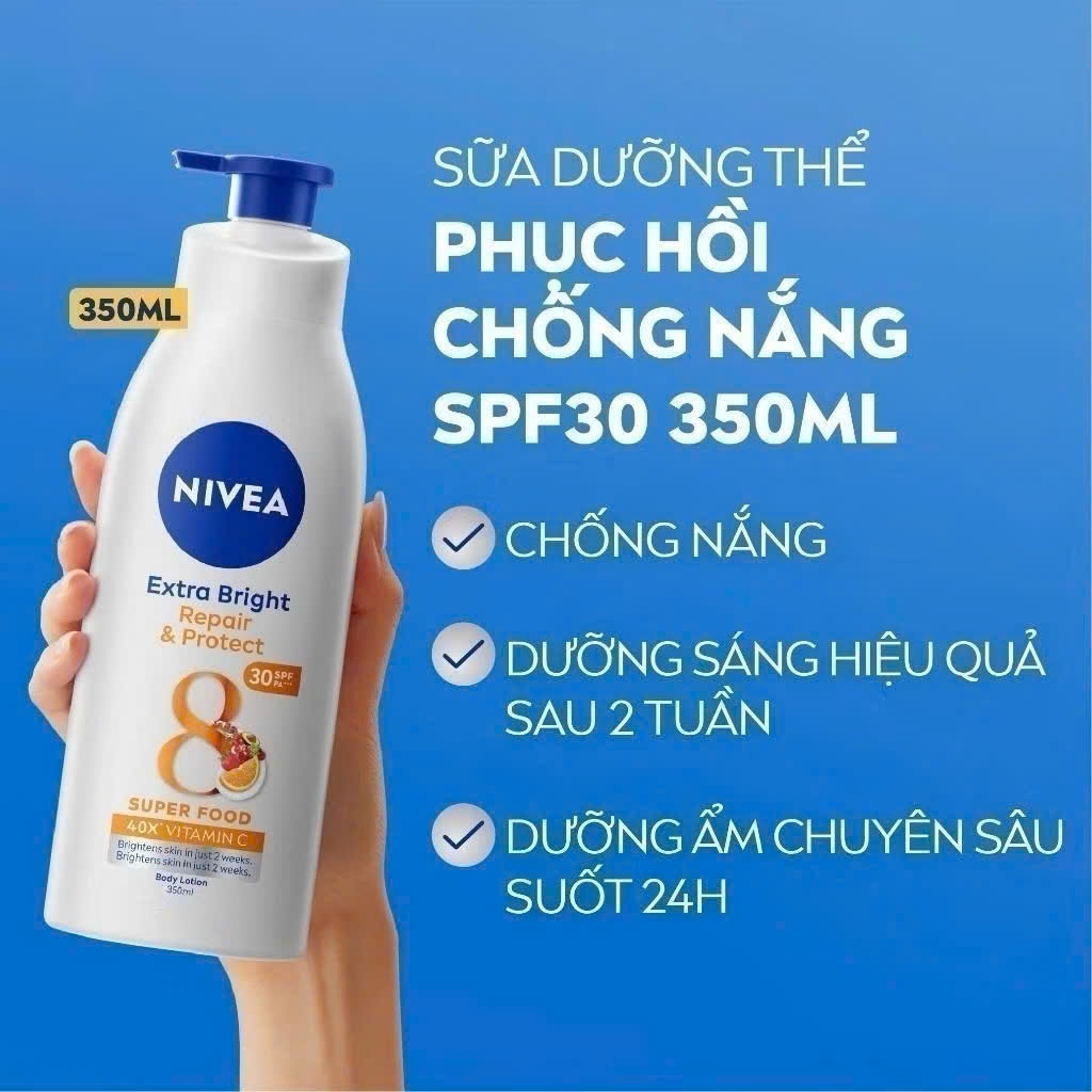 Sữa Dưỡng Thể NIVEA Phục Hồi & Chống Nắng ,Mịn Mượt | Sáng Da Ban Ngày 8 Super Foods  (350 ml)