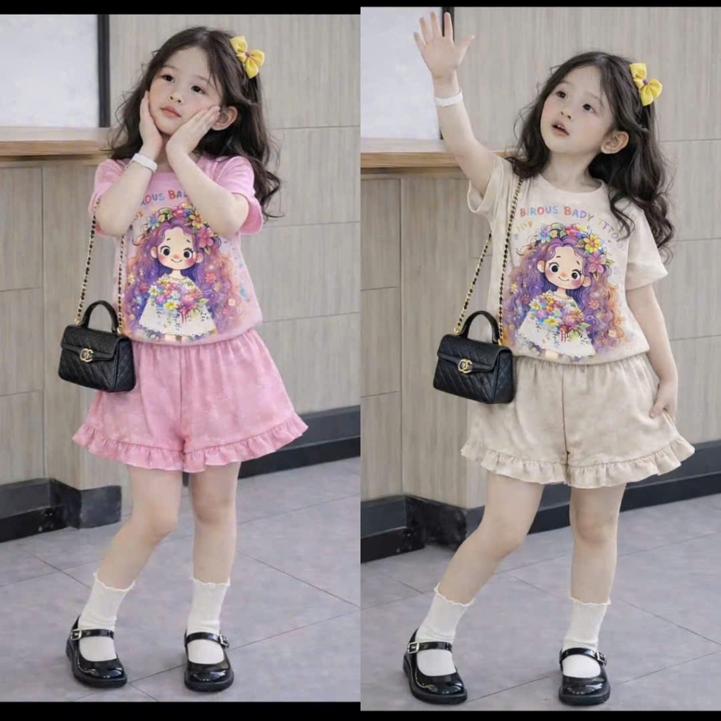 Sét Cộc Tay Cô Gái Quần Phối Bèo Chết Xu 4 Chiều Dành Cho Bé Gái Từ 9-37kg
