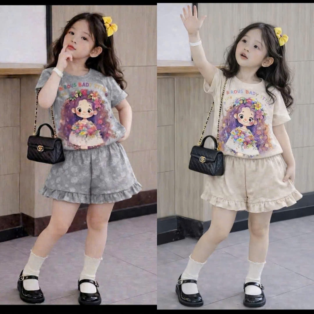 Sét Cộc Tay Cô Gái Quần Phối Bèo Chết Xu 4 Chiều Dành Cho Bé Gái Từ 9-37kg