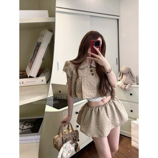 Set Bộ Áo Croptop Mix Chân Váy Phối Ren, Set Bộ Đồ Nữ 3 Cúc Chấm Be Kem Lannie