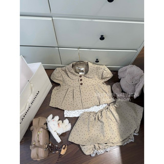 Set Bộ Áo Croptop Mix Chân Váy Phối Ren, Set Bộ Đồ Nữ 3 Cúc Chấm Be Kem Lannie