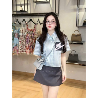 Áo sơ mi thô kẻ sọc cổ đức cộc tay túi đáp chữ Min #2625