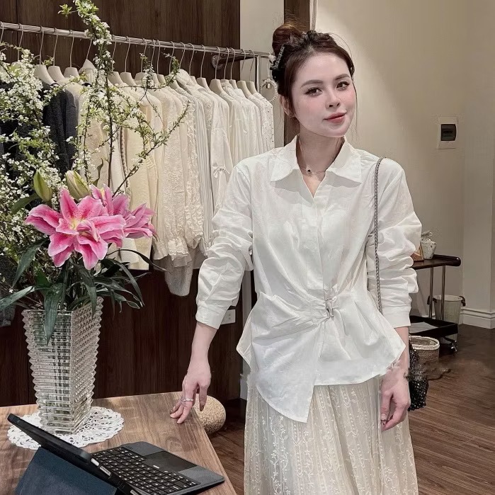 [HÀNG QC/ LOẠI 1] Áo Sơ Mi Cổ Đức Dài Tay Thiết Kế Vạt Lệch Cài Khuy Sang Chảnh Đi Chơi Dự Tiệc Xinh Xắn (B225)