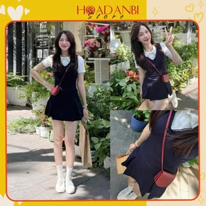 Set Váy Yếm Cổ V Đính Nơ Mix Áo polo Tiểu Thư, Set Đồ Tiểu Thư Siêu Xinh