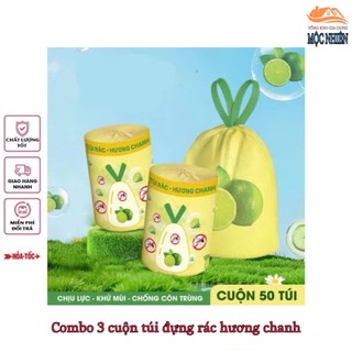 Combo 3 cuộn túi đựng rác hương chanh xua đuổi côn trùng, có dây rút, tự hủy sinh học (50 túi/cuộn)