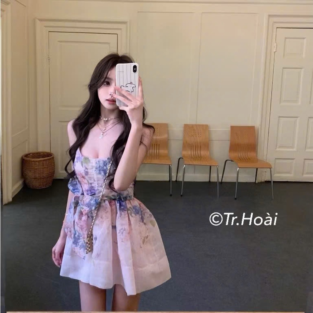 Đầm 2 dây hoa thắt nơ eo