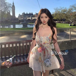 Đầm 2 dây hoa thắt nơ eo