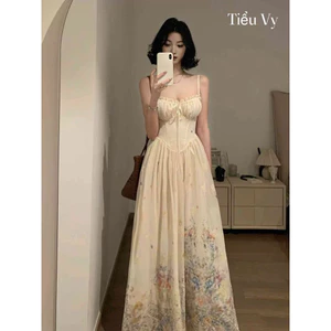 Đầm 2 dây nhún ngực maxi chân ren hoa