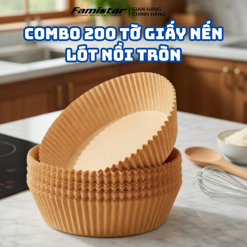 Combo 200 giấy lót nồi chiên ko dầu tròn, giấy nến nồi chiên không dầu, giấy nến nướng bánh tròn GN100 Famistar