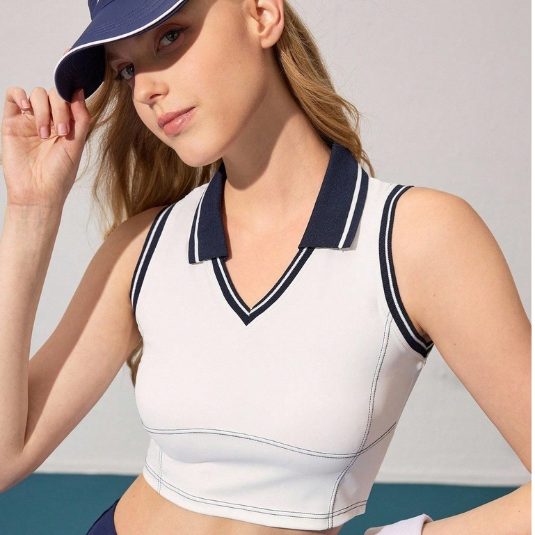 Áo Polo Thể Thao Thời Trang Croptop Hai Lớp, Cổ Bẻ, Dáng Ôm, Lưng Hở, Co Giãn , Áo Thể Thao Nữ