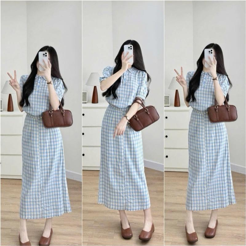 HT06. Sét váy kẻ 2 màu chân váy dài. Chất thô kẻ mềm, hàng đẹp mặc mát
