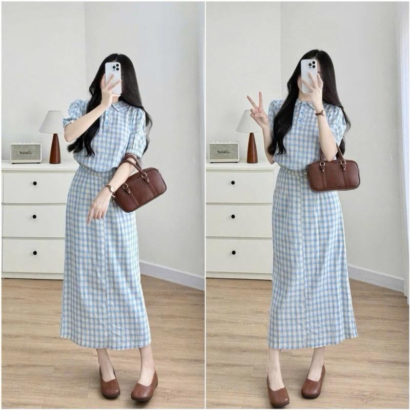 HT06. Sét váy kẻ 2 màu chân váy dài. Chất thô kẻ mềm, hàng đẹp mặc mát